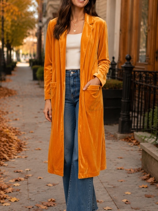 Skies Are Blue Jackets & Blazers - Skies Are Blue boho velvet duster coat, lined, pockets brown gold small collared
